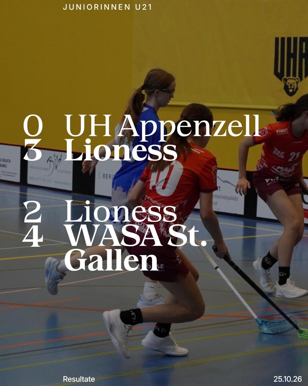 Resultatflash Juniorinnen 💙🤍🦁

U21B
✅ 0:3 vs. @uh_appenzell 
❌ 2:4 vs. @nachwuchs_wasa_st.gallen 

U17B
✅ 4:1 vs. @uh.regioentlebuch 
✅ 7:5 vs. @kdjets_c_u17b 

C Weiss
✅ 2:3 vs. @glattalfalcons.ch 
❌ 20:0 vs. @redants_floorball 

C Blau
✅ 0:33 vs. @chilisrr 
✅ 13:0 vs. @buelachfloorball 

B-Juniorinnen
❌ 2:12 vs. @moerschwildragons 
❌ 1:15 vs @floorball.riders.nachwuchs 

#juniorinnen #swissunihockey #resultatflash #lioness #floorballzurichlioness
